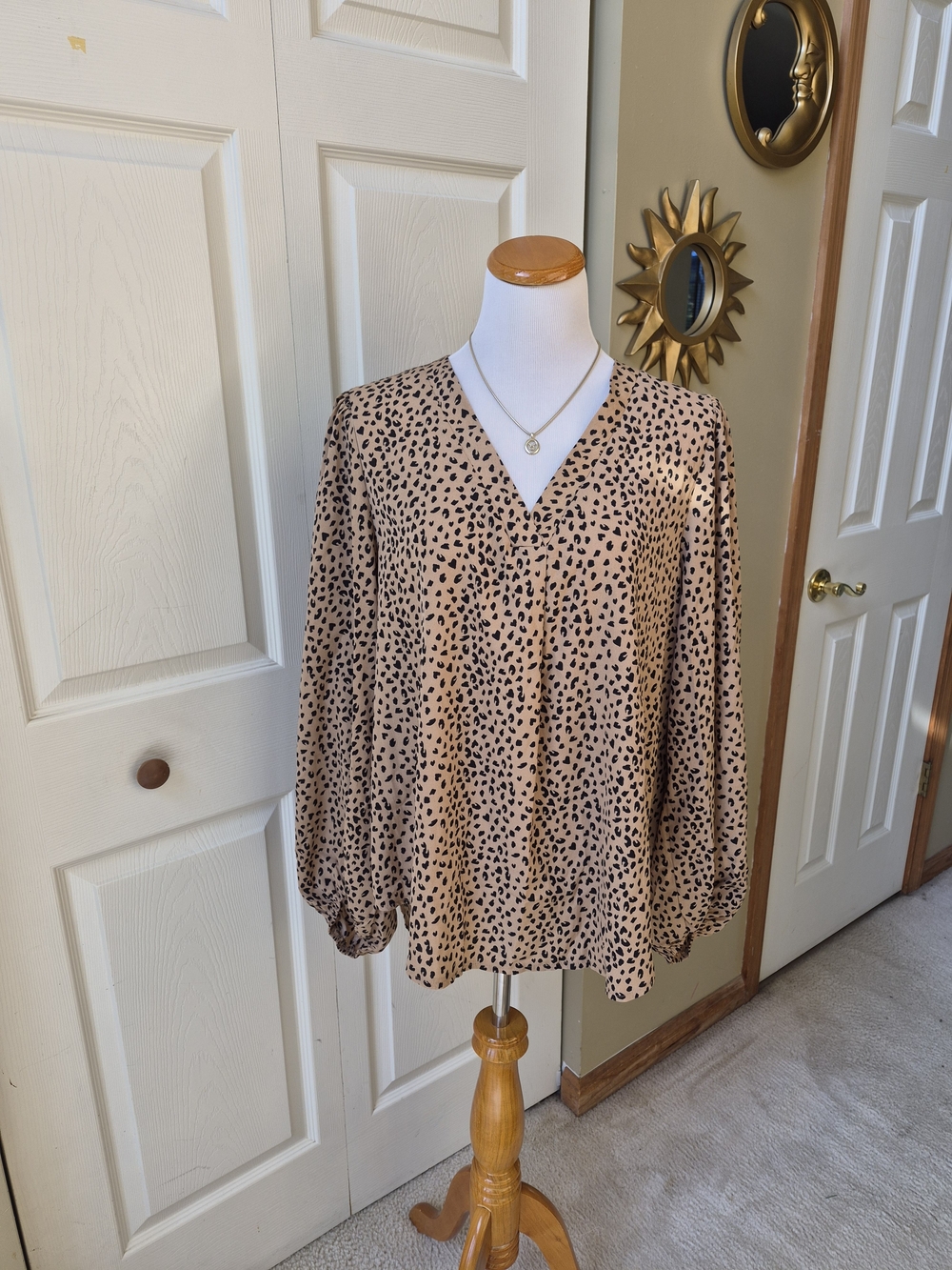 Classic V-Neck Brown Animal Print Blouse